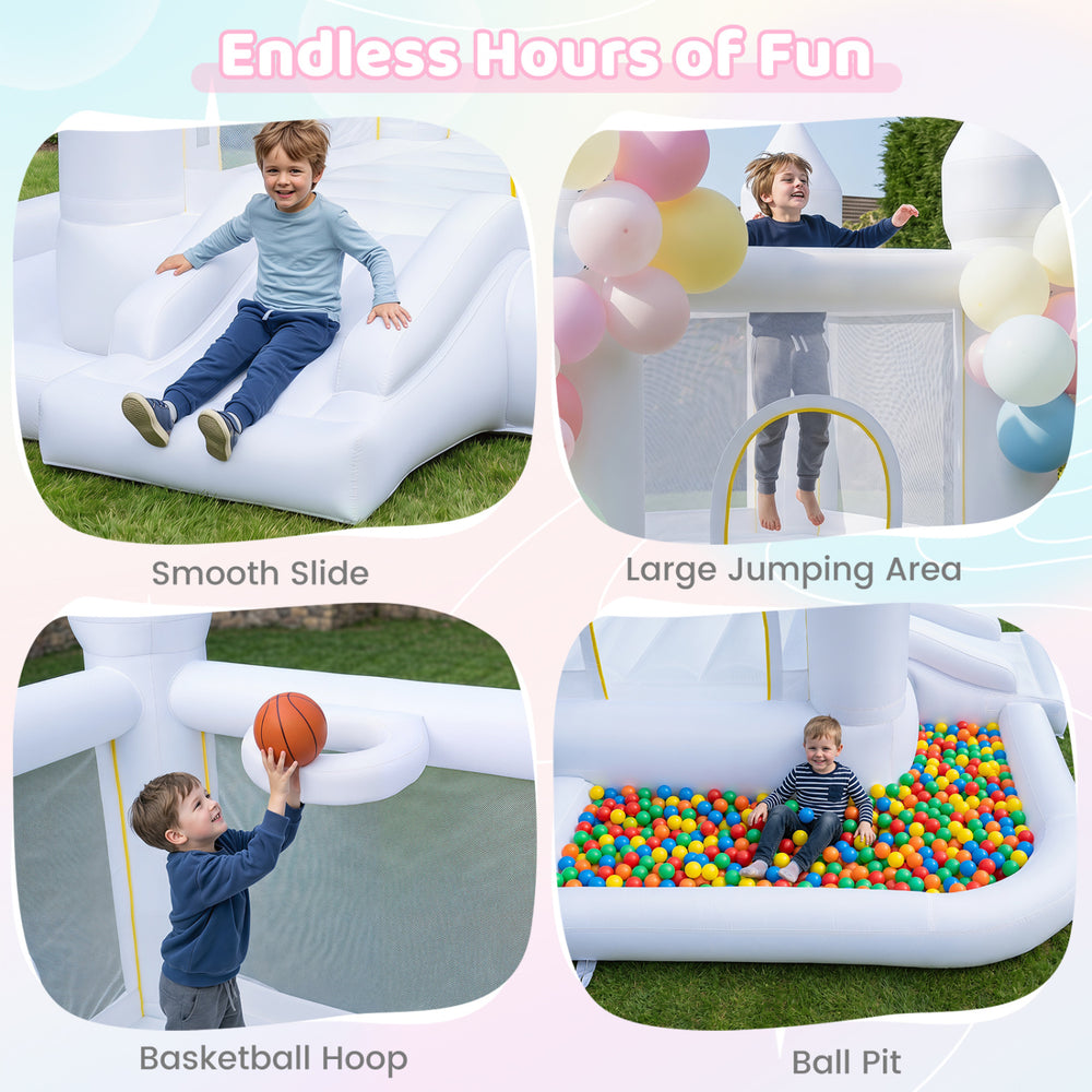 Inflatable bounce house featuring a smooth slide, basketball hoop, and ball pit for endless outdoor fun and excitement.
