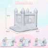Inflatable bounce house with slide, basketball hoop, and colorful balloons, perfect for birthday parties and outdoor fun.