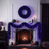 Black Halloween wreath and garland set with 389 branch tips and 85 purple LED lights for festive spooky decor.