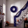 24-inch black Halloween wreath and 9-foot garland set with 389 branch tips and purple LED lights for festive decor.