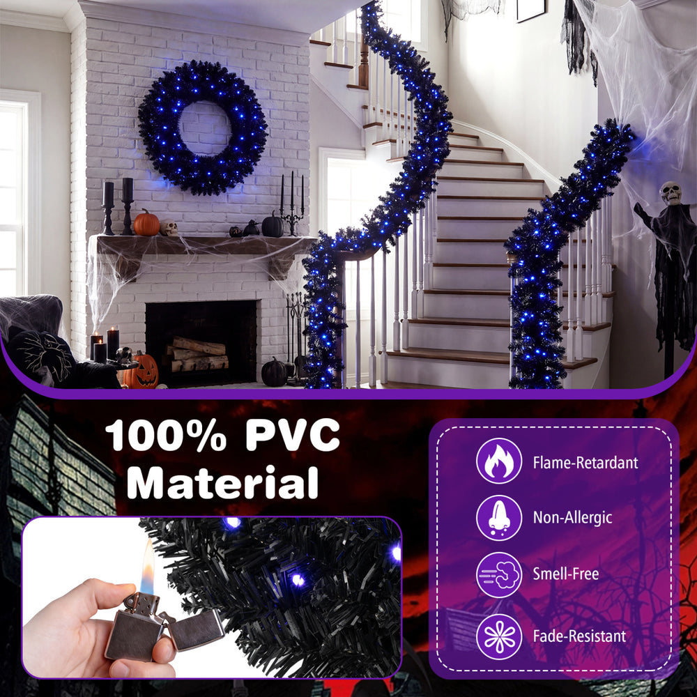 24-inch Halloween wreath and 9-foot garland set with 389 branch tips and purple LED lights for festive decoration.