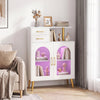 Modern buffet cabinet sideboard in white featuring elegant translucent doors, two large drawers, and a stylish open shelf.