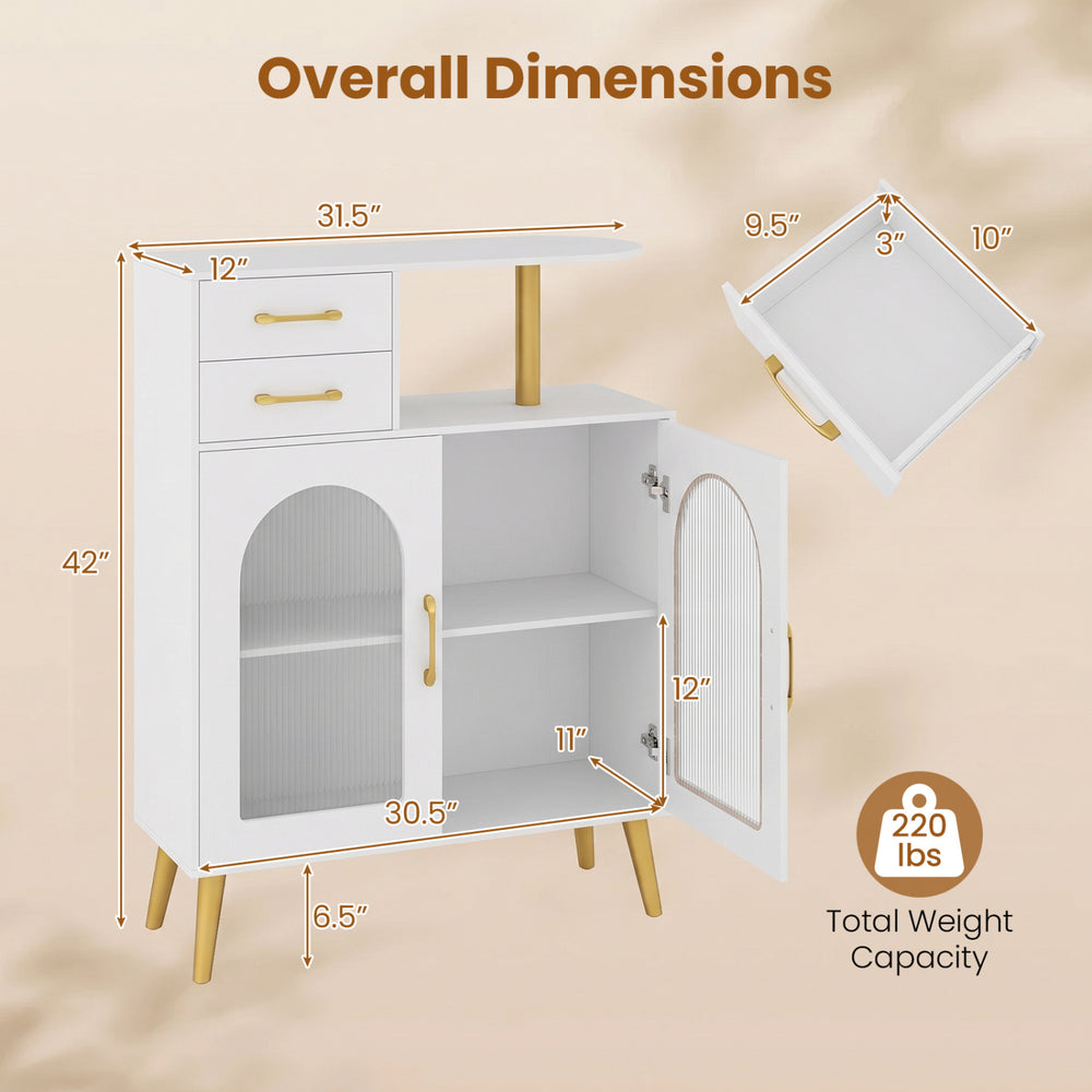Modern buffet cabinet sideboard in white with translucent doors, open shelf, and spacious storage for organized living.