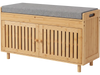 Bamboo shoe storage bench with lift top, removable cushion, and dual-door cabinet for hallway organization.