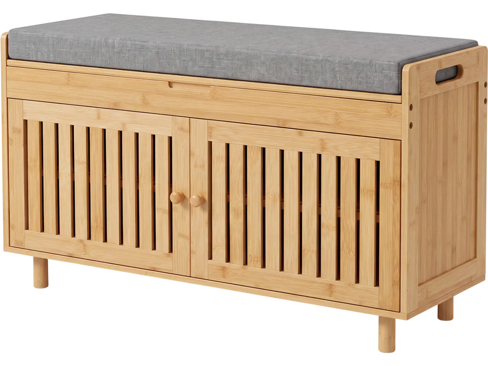 Bamboo shoe storage bench with lift top, removable cushion, and dual-door cabinet for hallway organization.