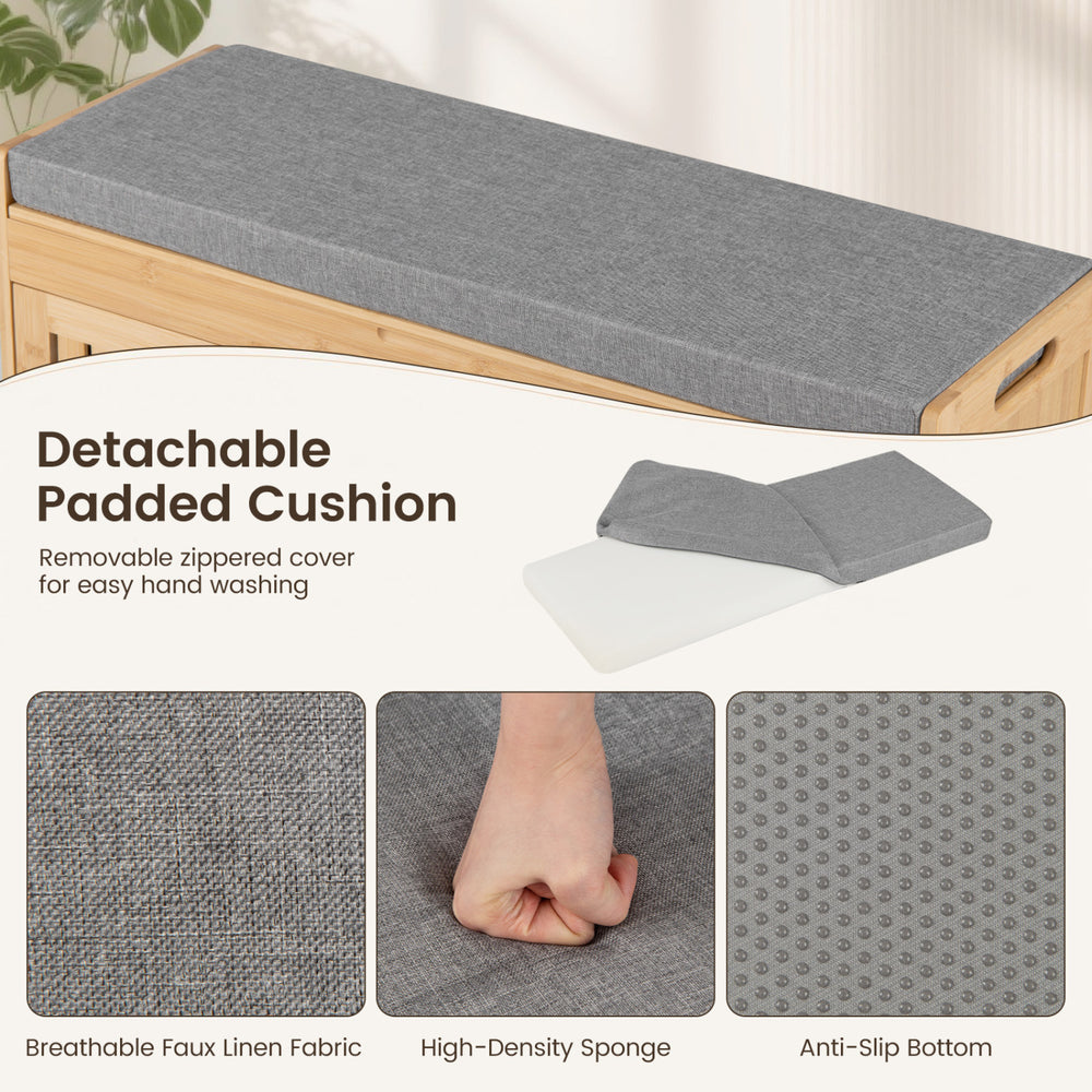 Detachable padded cushion in breathable faux linen fabric for the 36" bamboo shoe storage bench with lift top.