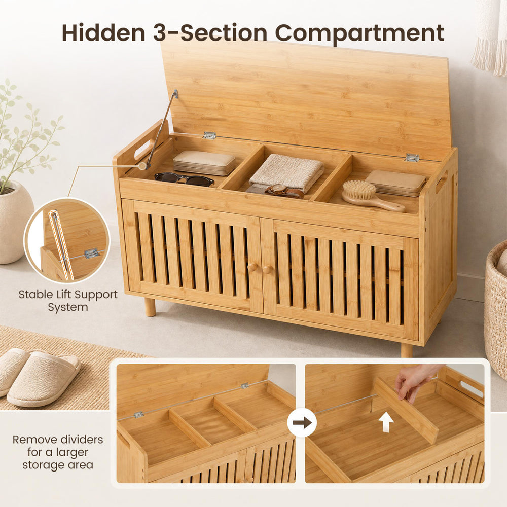 Bamboo shoe storage bench with a lift top, featuring a hidden 3-section compartment and removable padded cushion for comfort.