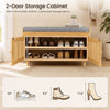 Bamboo shoe storage bench with lift top, removable shelf, and padded cushion for hallway organization and comfort.