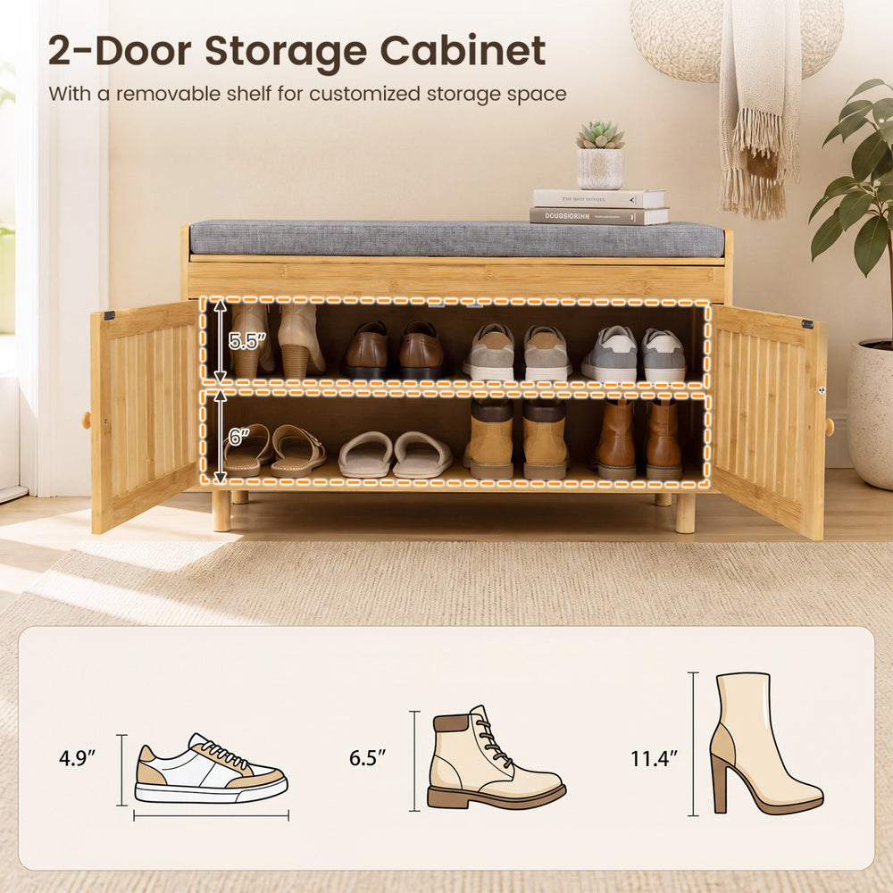 Bamboo shoe storage bench with lift top, removable shelf, and padded cushion for hallway organization and comfort.