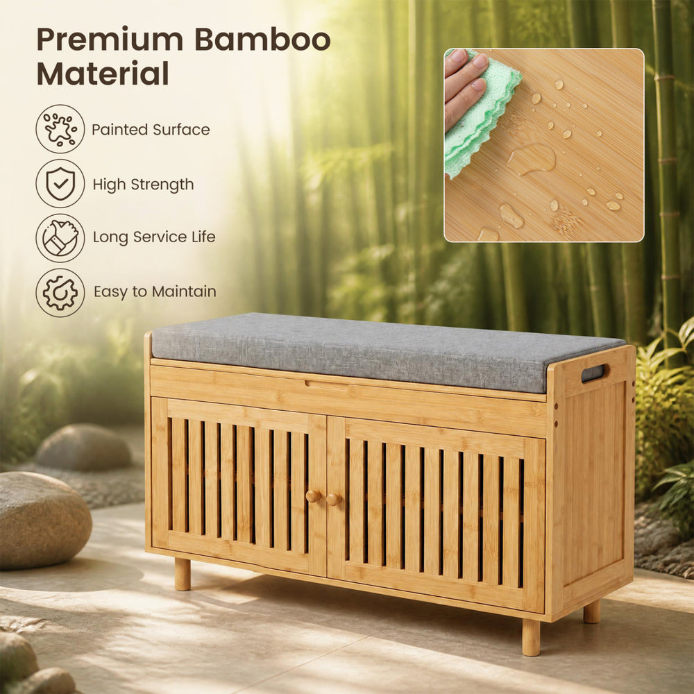 Bamboo shoe storage bench with lift top, removable cushion, and hidden compartments for hallway organization.