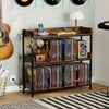 Rustic brown 3-tier record player stand with side hooks for headphones, removable dividers, and recessed power outlets.