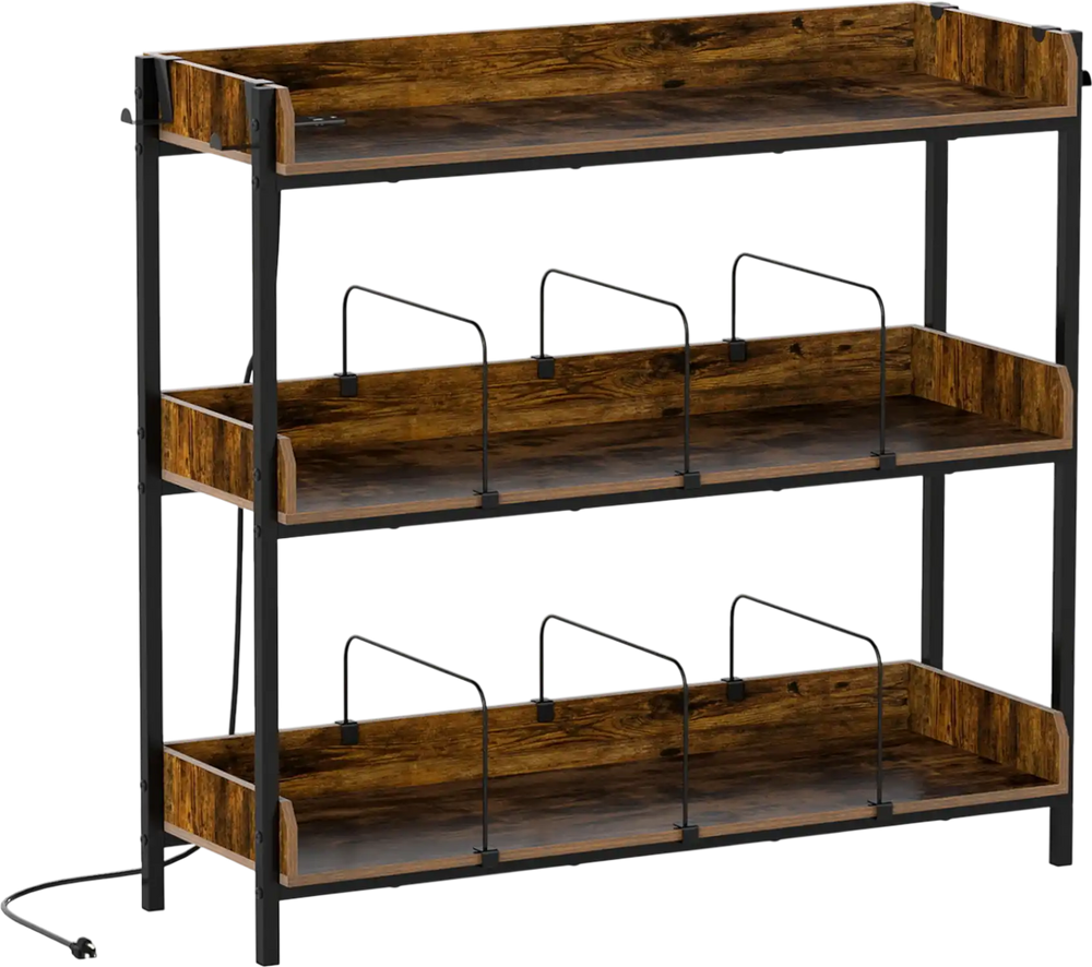 3-tier rustic brown record player stand with metal dividers, power outlets, and space for 350 albums and accessories.