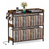 3-tier record player stand in rustic brown with metal dividers, holds up to 350 albums and features power outlets.