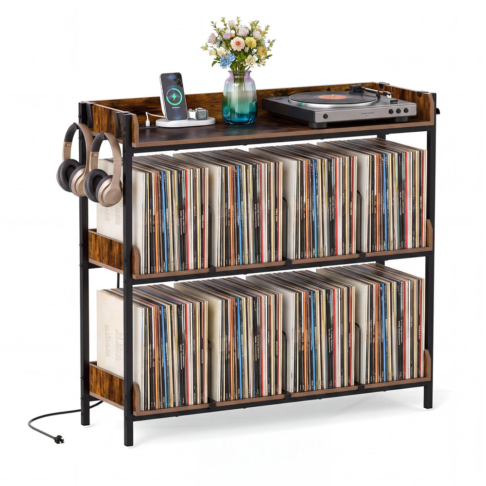 3-tier record player stand in rustic brown with metal dividers, holds up to 350 albums and features power outlets.