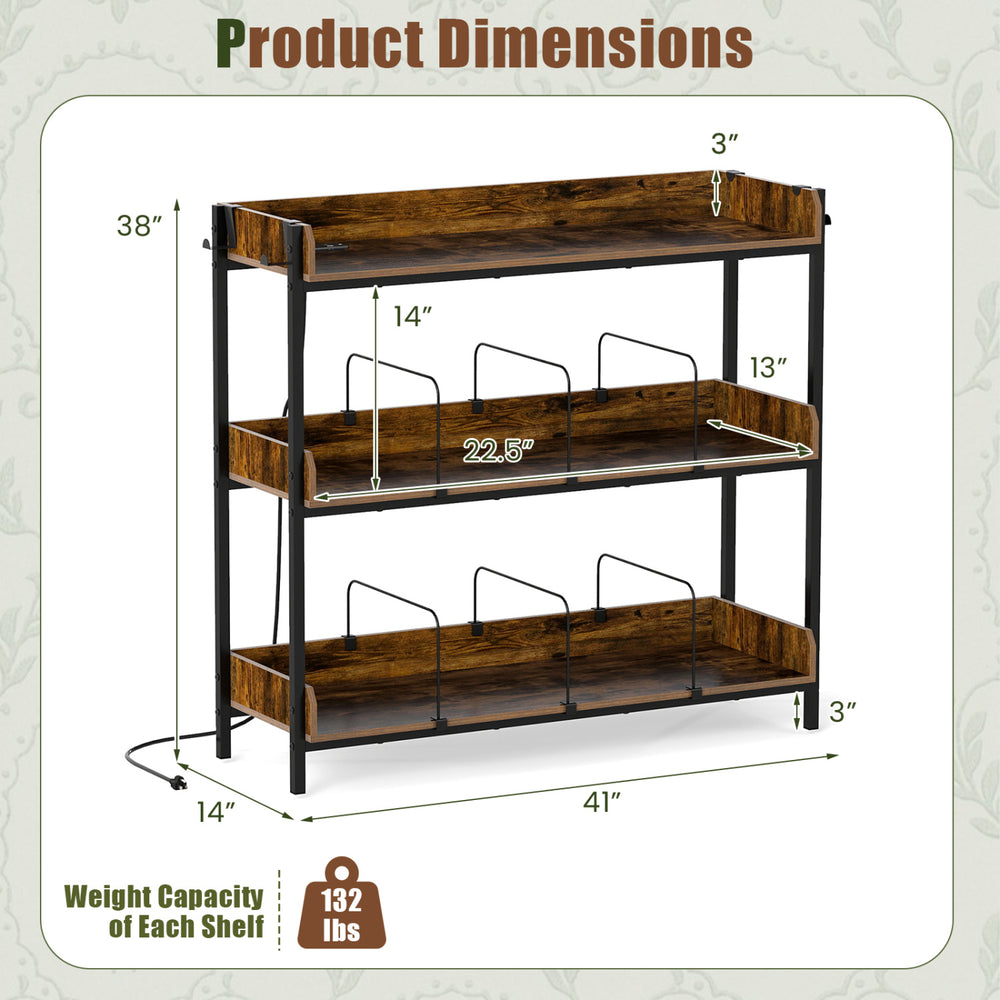 3-tier rustic brown record player stand with metal dividers, power outlets, and space for 350 albums for versatile storage.