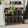 3-tier record player stand in rustic brown with metal dividers, holding vinyl records and featuring power outlets for convenience.