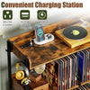 3-tier rustic brown record player stand featuring power outlets, metal dividers, and storage for up to 350 albums.