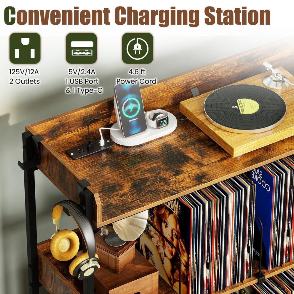 3-tier rustic brown record player stand featuring power outlets, metal dividers, and storage for up to 350 albums.