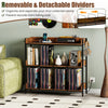 3-tier rustic brown record player stand with metal dividers, holding up to 350 albums for organized storage and display.