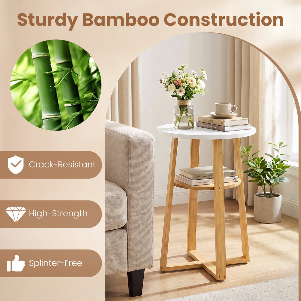 2-tier end table set with a sturdy bamboo frame, X-shaped base, and anti-slip foot pads for versatile use in any space.