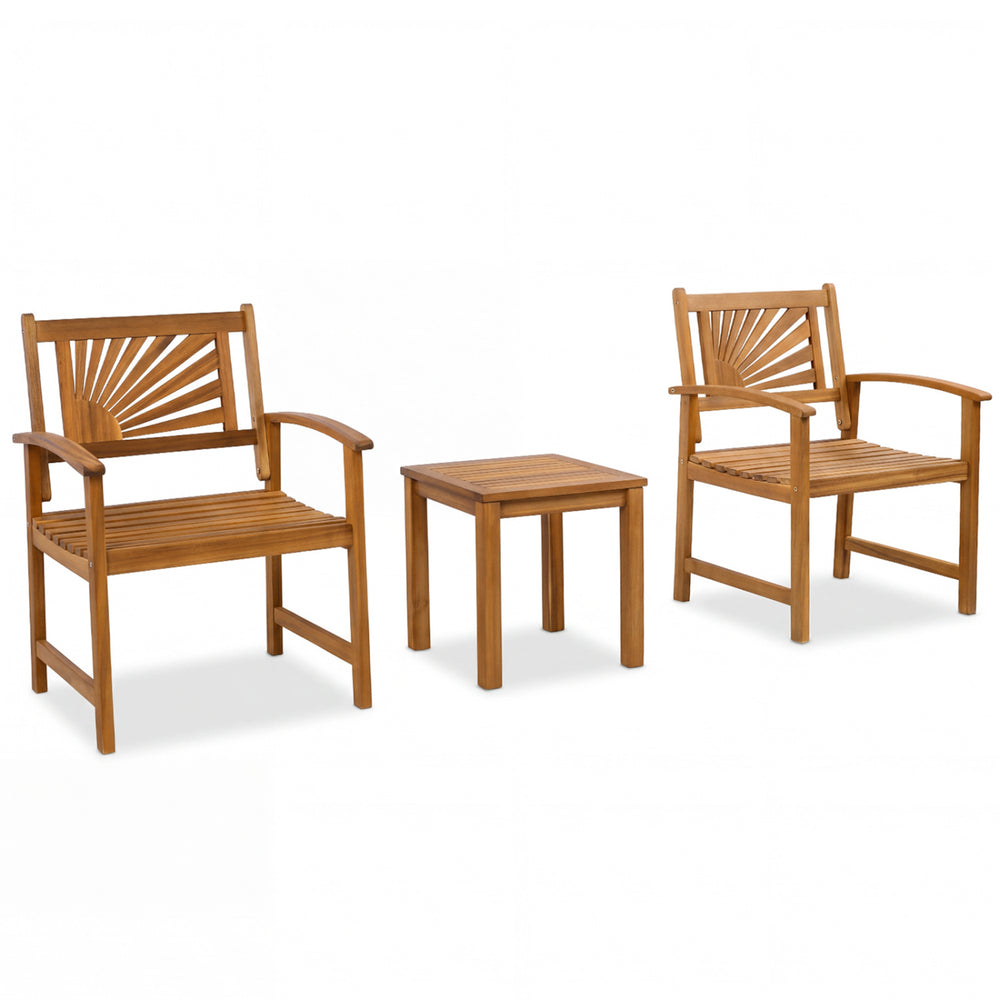 3-piece patio bistro set featuring two acacia wood slatted armchairs and a coffee table, perfect for outdoor relaxation.