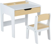 Wooden kids desk and chair set in natural finish with large tabletop, pull-out drawer, and curved backrest for comfort.