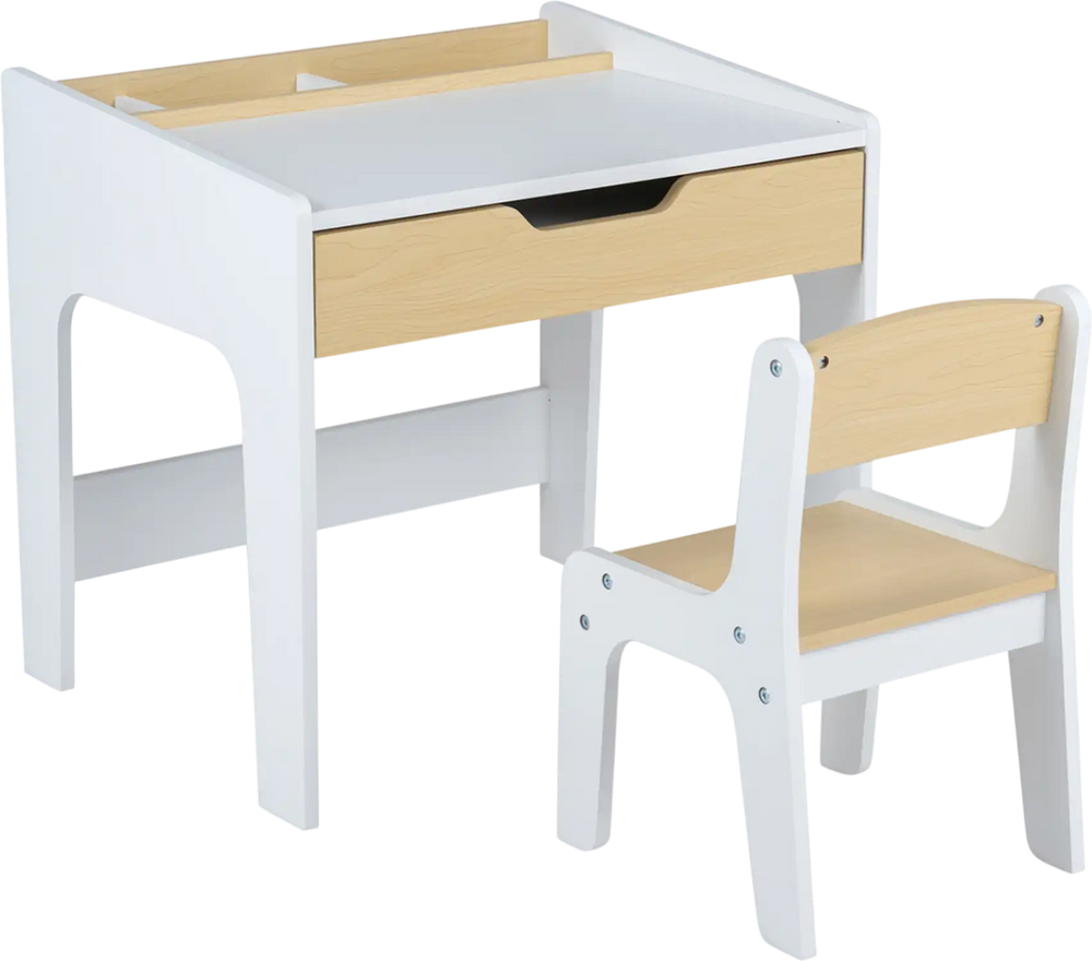 Wooden kids desk and chair set in natural finish with large tabletop, pull-out drawer, and curved backrest for comfort.