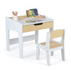 Wooden kids desk and chair set with a large tabletop, pull-out drawer, and curved backrest for comfortable play and learning.