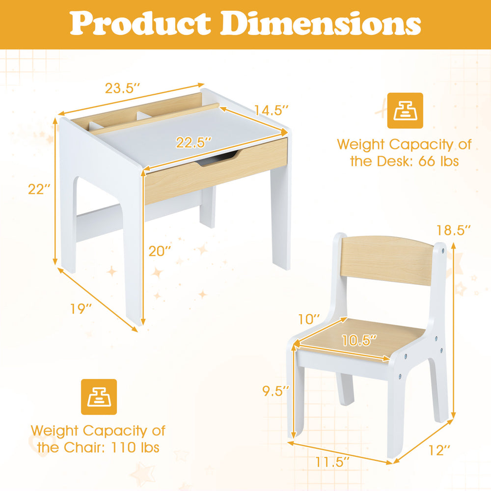 Wooden kids desk and chair set with a natural finish, featuring a large tabletop and pull-out drawer for organized play.