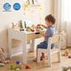 Wooden kids desk and chair set with a large tabletop and pull-out drawer, perfect for reading, drawing, and playing.