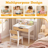 Wooden kids desk and chair set in natural finish, perfect for reading, drawing, writing, and playing with organized storage.