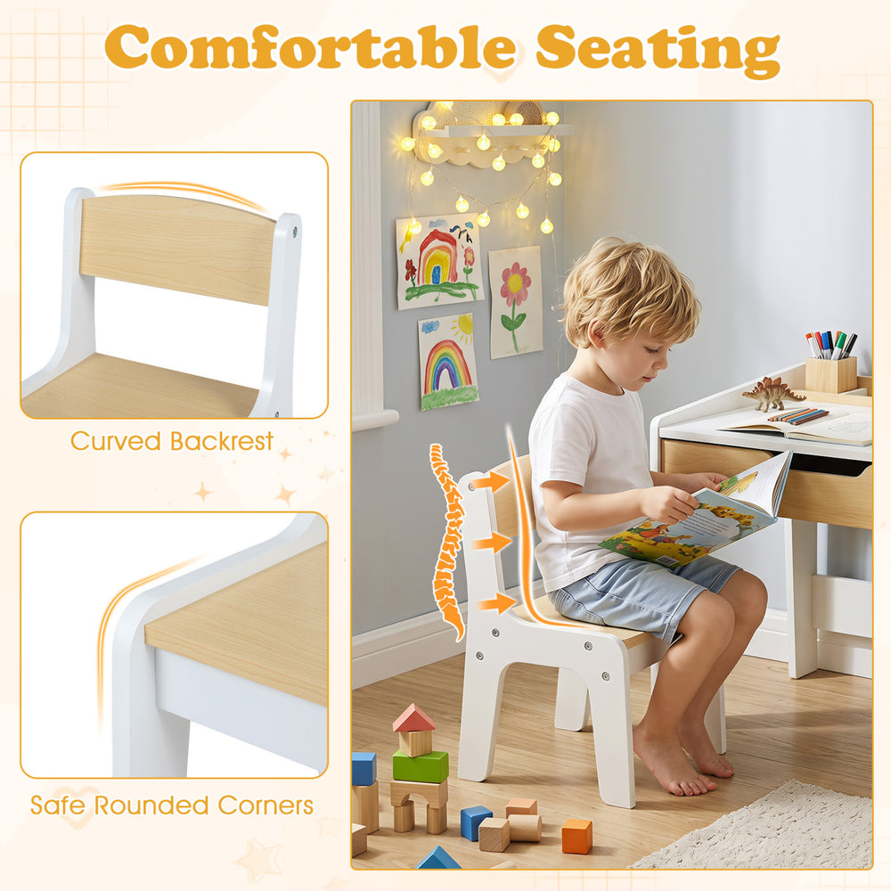 Wooden kids chair with curved backrest and safe rounded corners, perfect for reading, drawing, and playing.