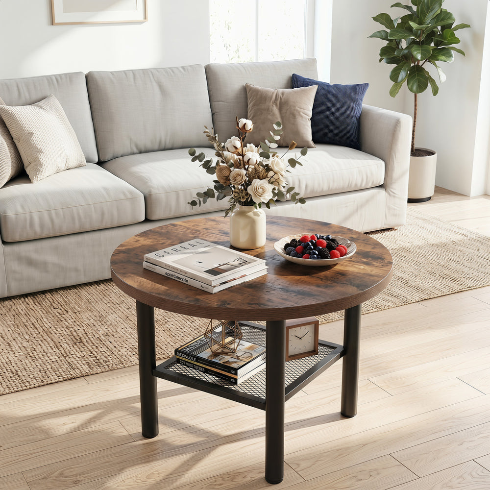 Round coffee table with a rustic brown finish, featuring a metal frame and 2-tier storage shelf for versatile organization.