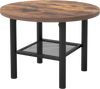 Round coffee table with a rustic brown top and sturdy metal frame, featuring a 2-tier design for storage and organization.