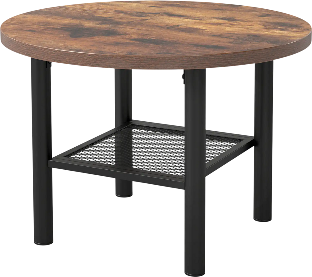 Round coffee table with a rustic brown top and sturdy metal frame, featuring a 2-tier design for storage and organization.