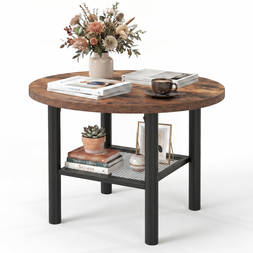 Modern round coffee table with a rustic brown tabletop, metal frame, and 2-tier storage shelf for versatile use.