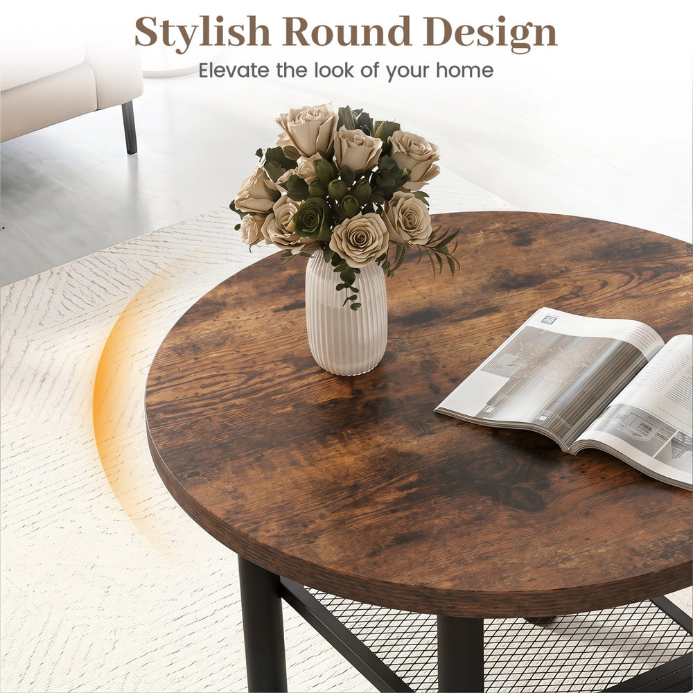 Modern round coffee table in rustic brown with a metal frame, featuring a spacious tabletop and two-tier storage for versatile use.