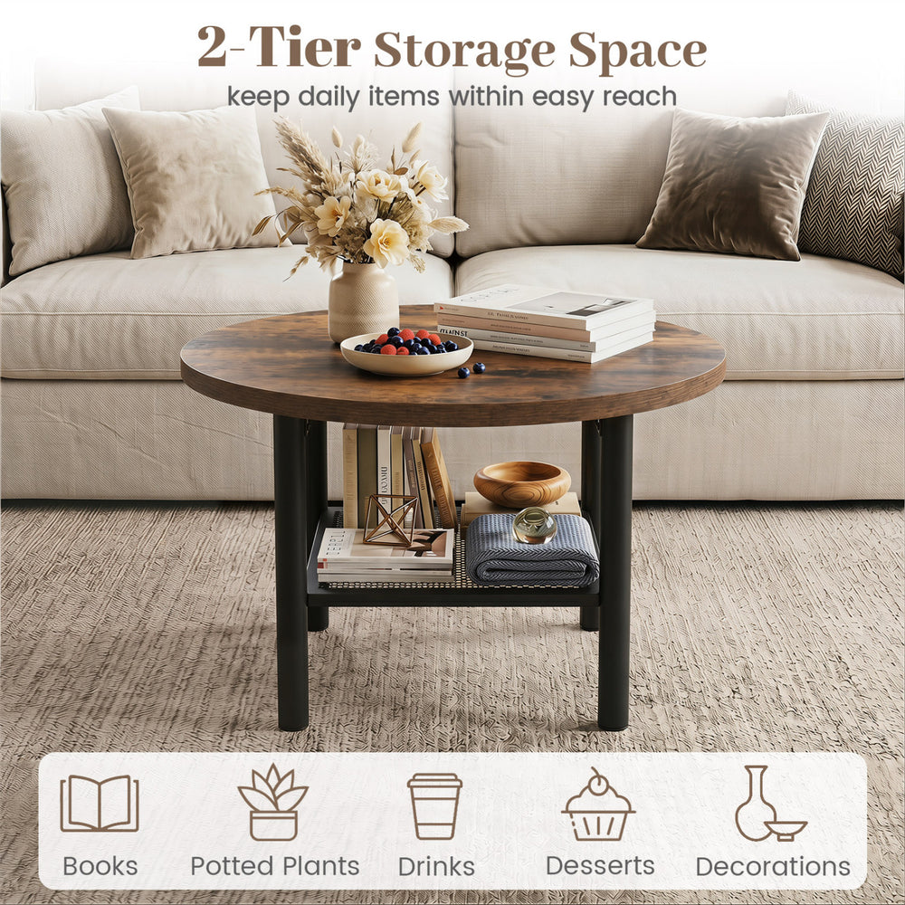 Modern round coffee table with a rustic brown finish and 2-tier storage shelf for organizing books and decorative items.