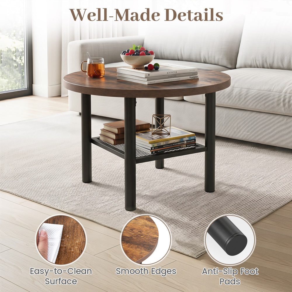 Modern round coffee table with a rustic brown finish, featuring a sturdy metal frame and a 2-tier storage shelf for organization.