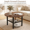 Modern round coffee table with a rustic brown finish, featuring a metal frame and 2-tier storage for versatile use.