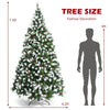 7.5ft pre-lit snow flocked Christmas tree with 550 warm white LED lights and decorative pinecones for festive displays.