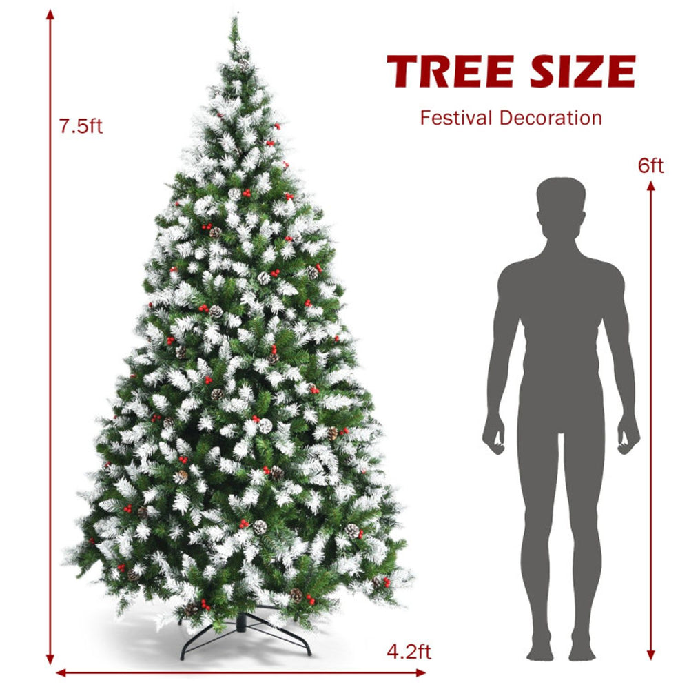 7.5ft pre-lit snow flocked Christmas tree with 550 warm white LED lights and decorative pinecones for festive displays.