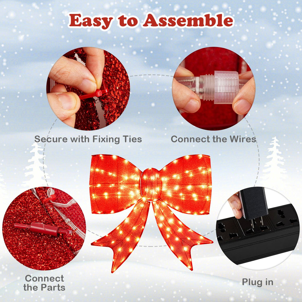 Lighted 37-inch Christmas bow decoration with 150 warm white LED lights, perfect for outdoor holiday displays.