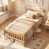 Solid wood twin platform bed frame with slatted headboard and under-bed storage, perfect for versatile bedroom styling.