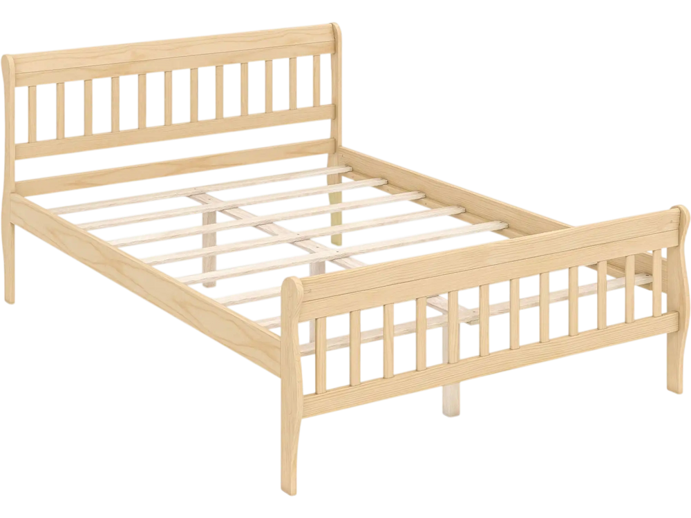 Solid wood twin platform bed frame with slatted headboard and 8 slats for mattress support, ideal for versatile bedroom styles.