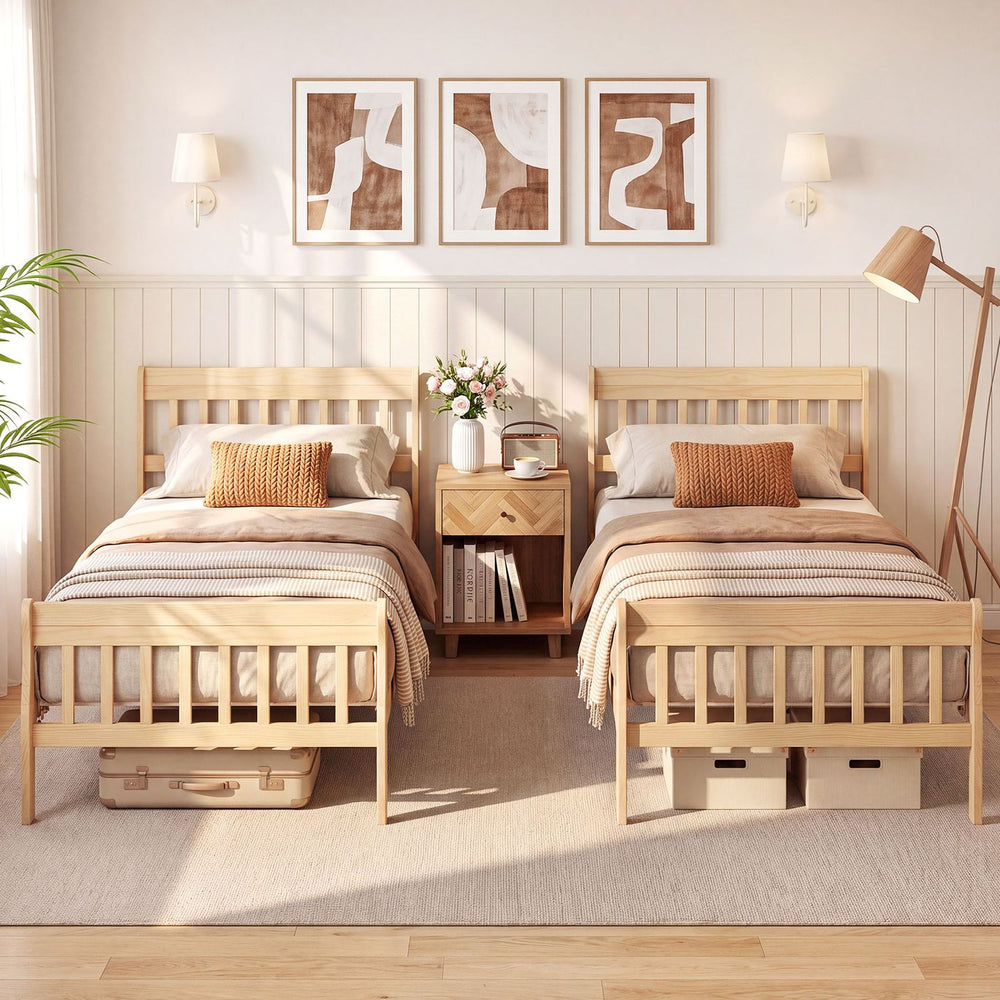 Twin size solid wood platform bed frame with slatted headboard and natural finish, ideal for versatile bedroom styling.