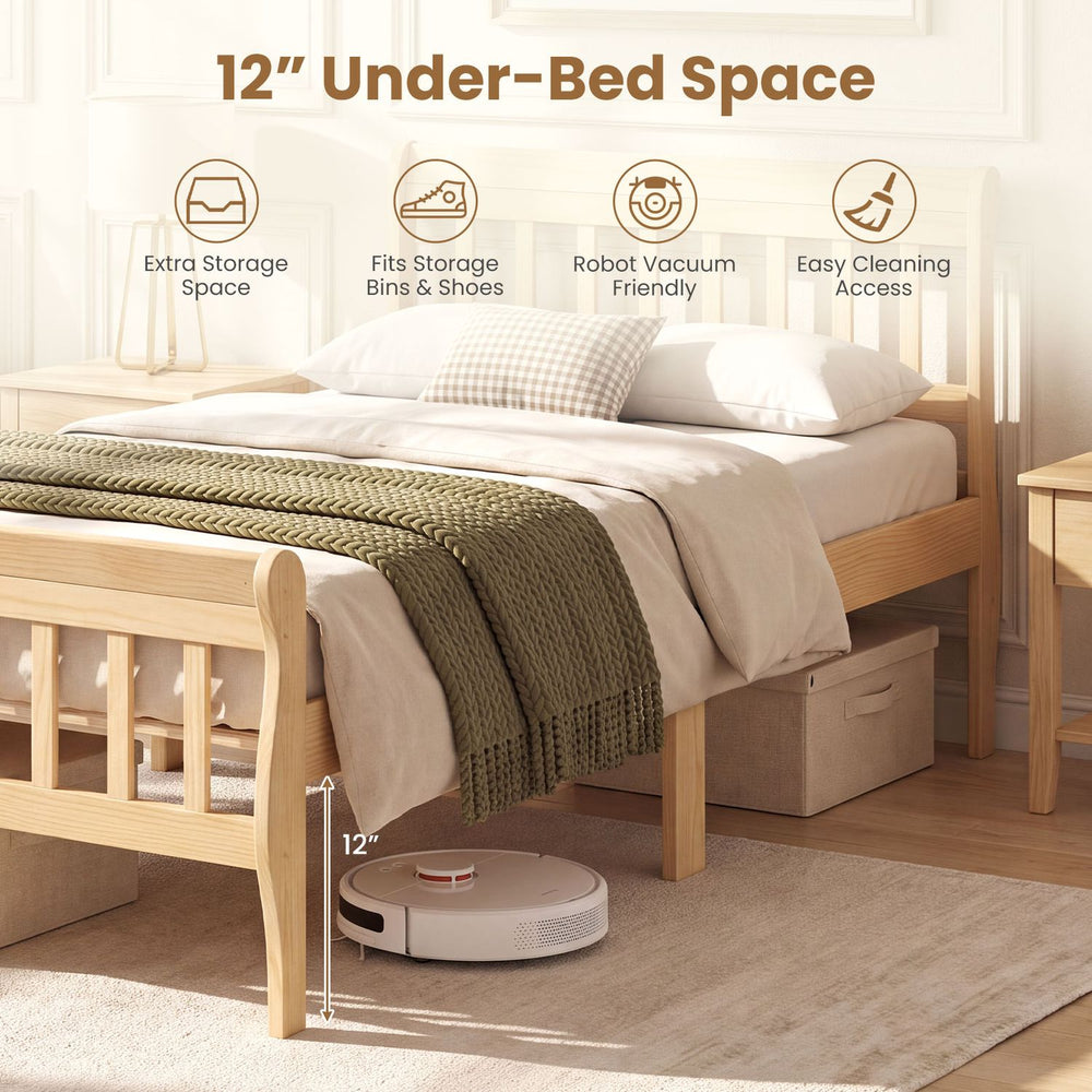 Solid wood platform bed frame with headboard, featuring 12" under-bed space for storage and easy cleaning access.