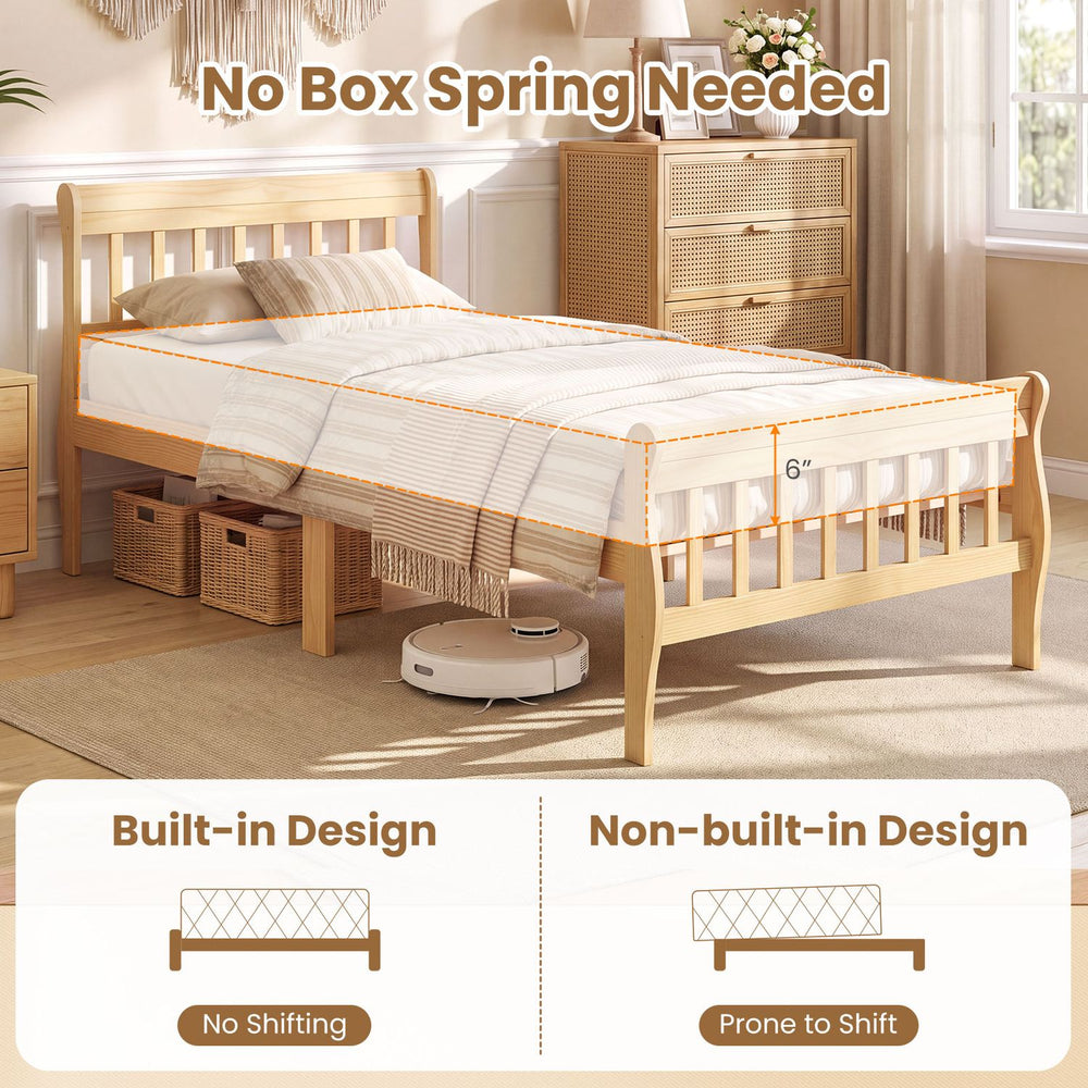 Solid wood platform bed frame with headboard and slats, twin size, offers stability and under-bed storage for easy cleaning.