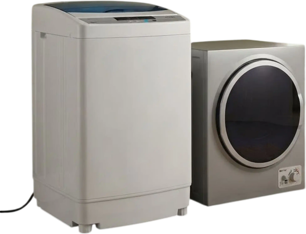 Compact washing machine and clothes dryer bundle in a laundry room setup, perfect for efficient use in small spaces.