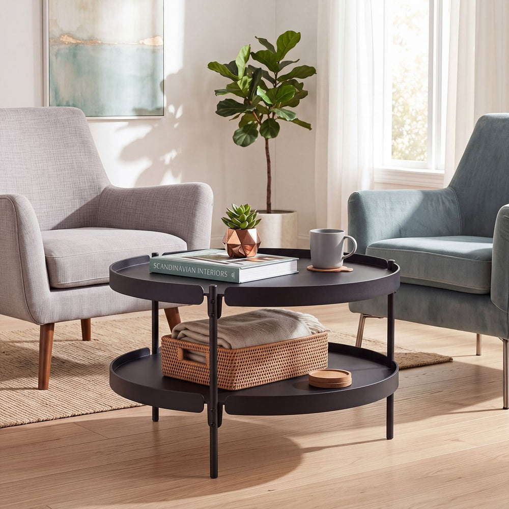 Round black coffee table with two tiers, made of plastic, ideal for versatile living room storage and modern decor.
